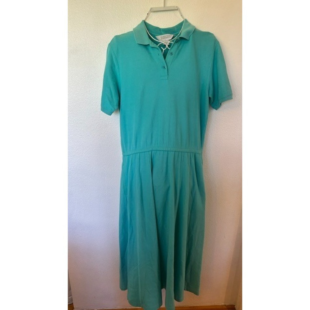 Vintage Lands End Polo Dress Womens M 10-12 Teal Green Cotton Midi Shirt Dress